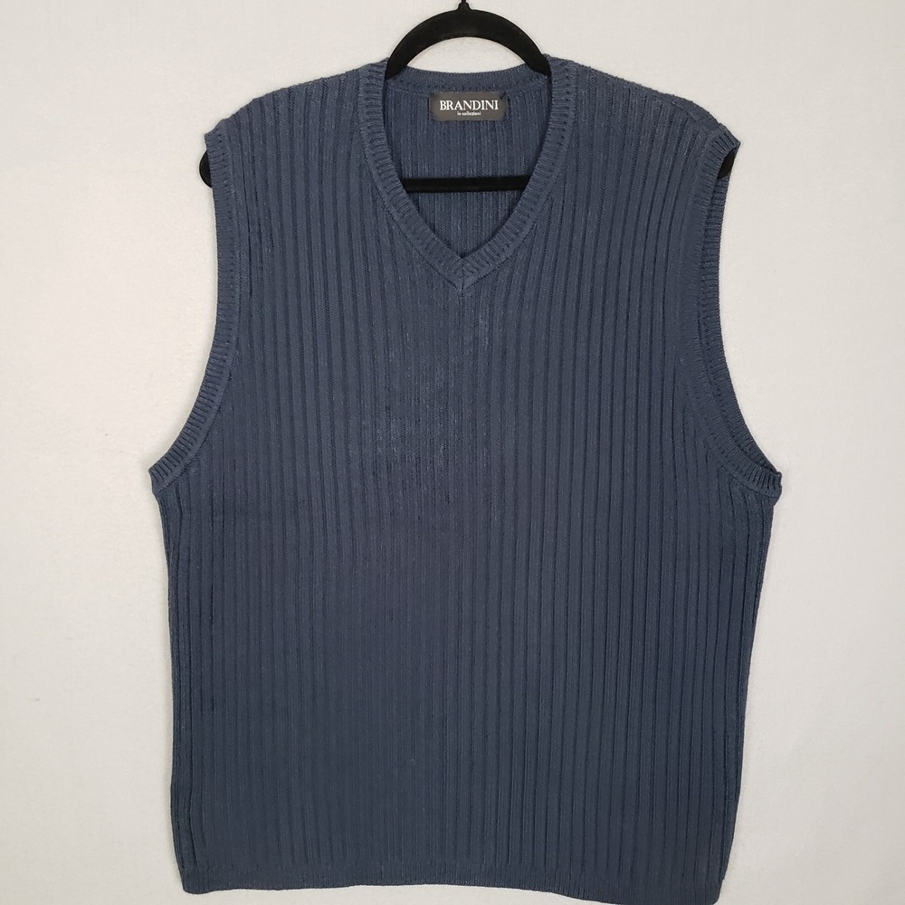 Brandini Cable Knit Sweater Vest Navy 100% Cotton Preppy Academia Heritage Sz L